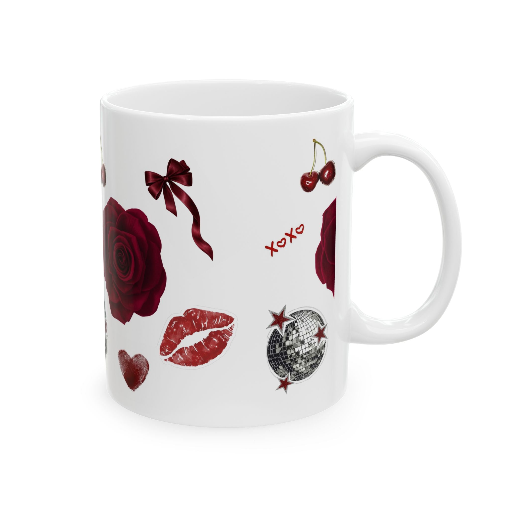 Valentine Patchwork Ceramic Mug — Roses, Cherries & XOXO Coffee Cup (11oz/15oz)