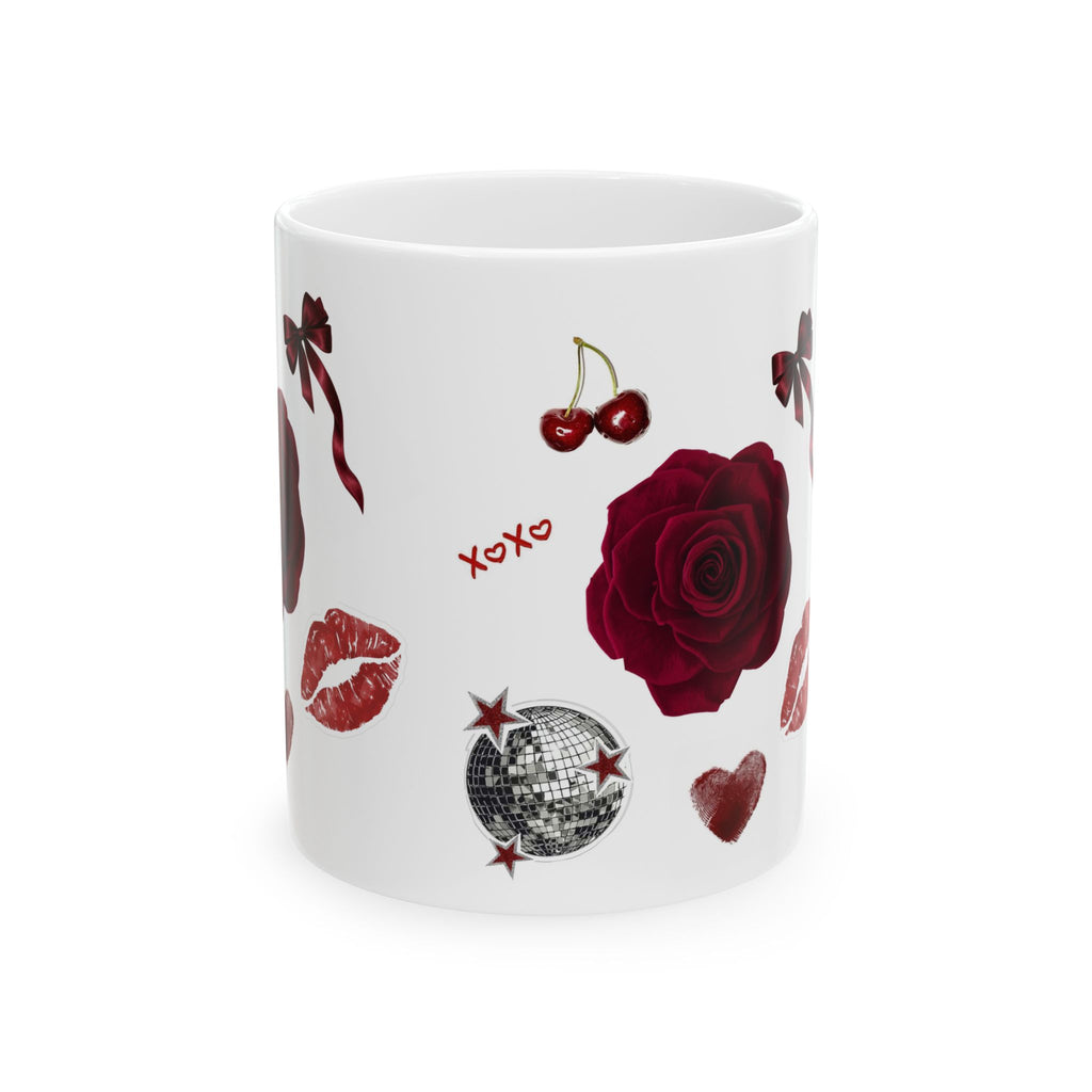 Valentine Patchwork Ceramic Mug — Roses, Cherries & XOXO Coffee Cup (11oz/15oz)