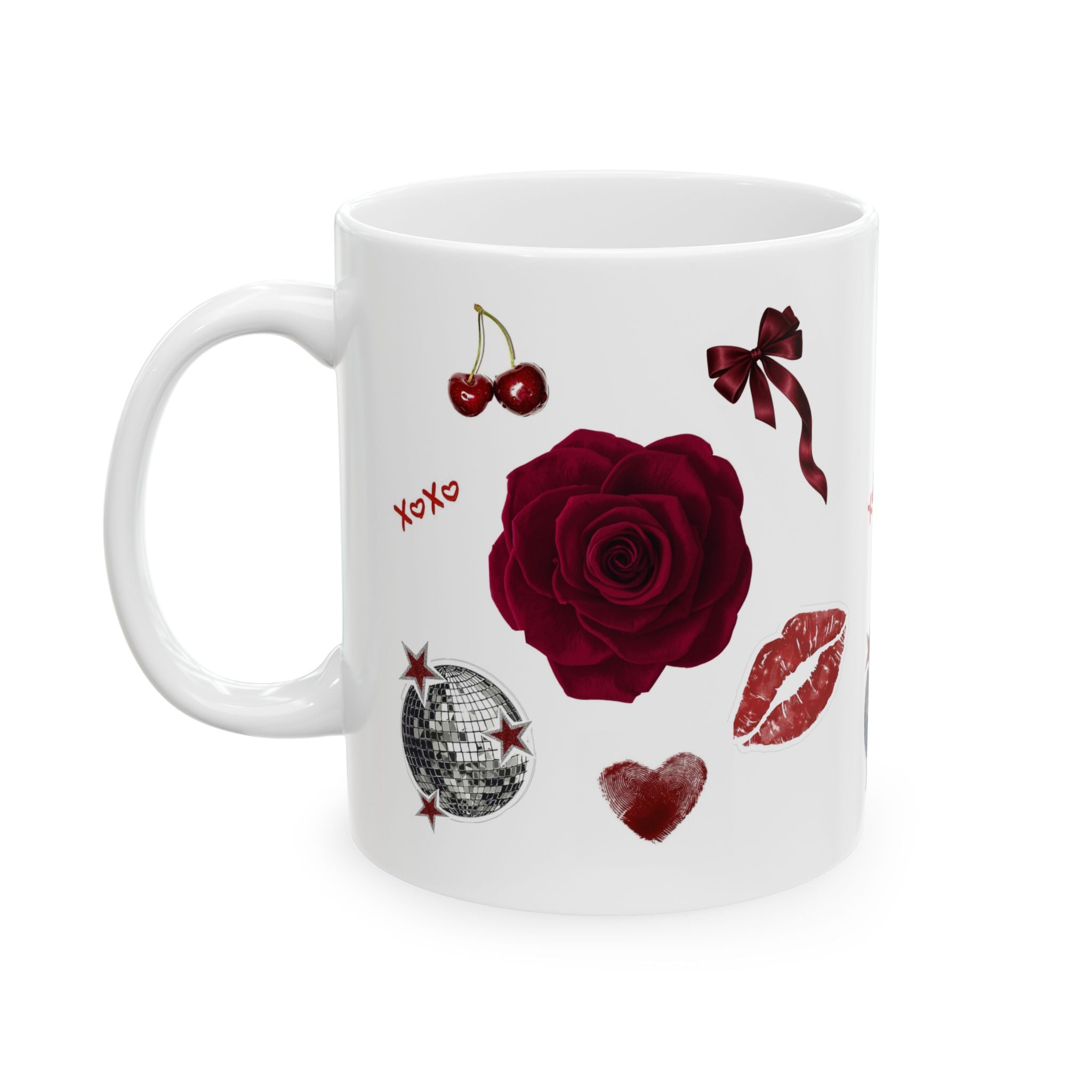 Valentine Patchwork Ceramic Mug — Roses, Cherries & XOXO Coffee Cup (11oz/15oz)