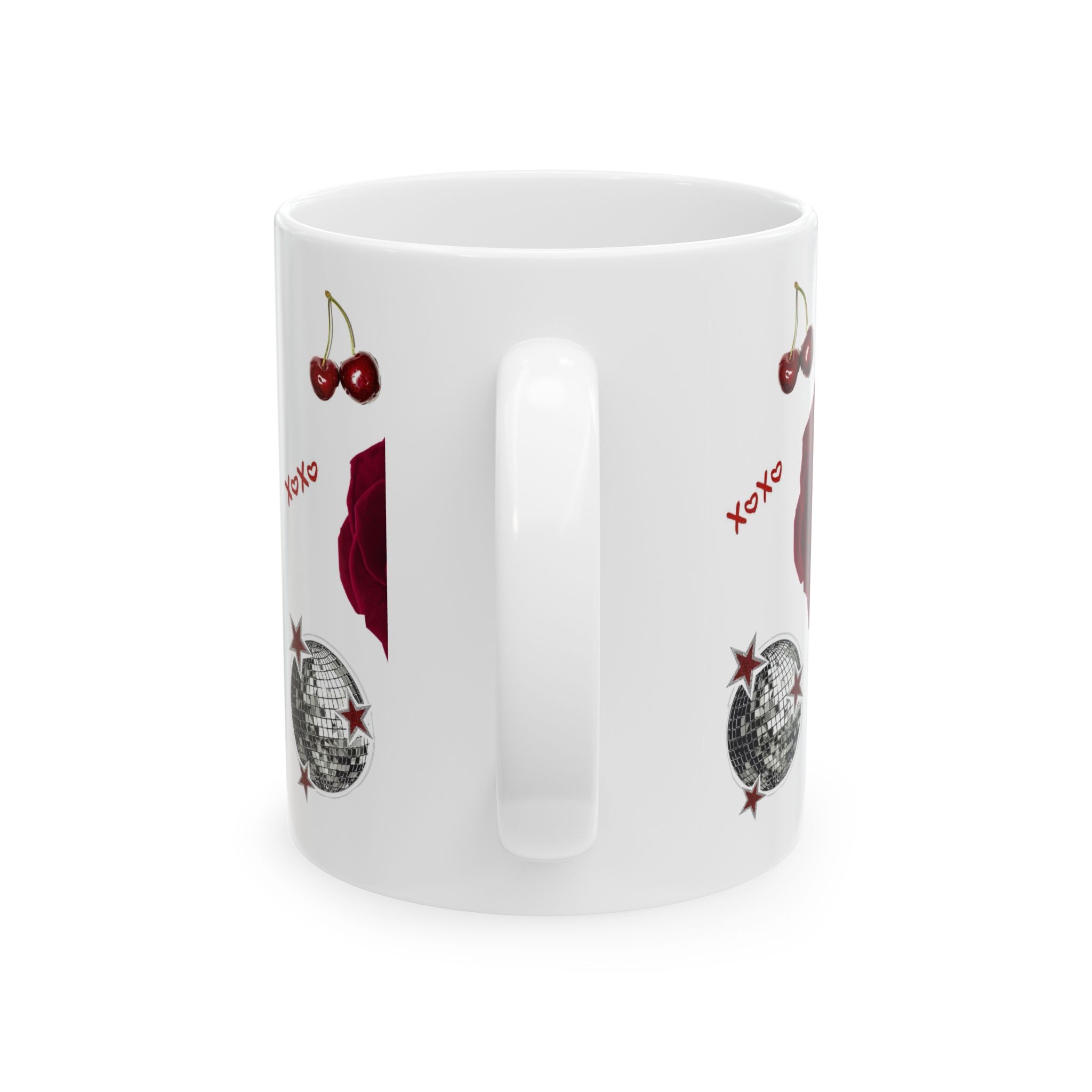 Valentine Patchwork Ceramic Mug — Roses, Cherries & XOXO Coffee Cup (11oz/15oz)